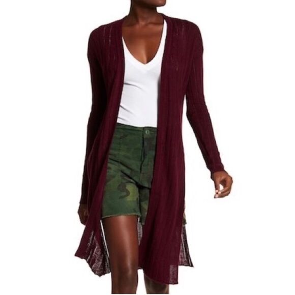 Free People Ribby Rib Linen Blend Long Cardigan Duster Maroon - Picture 2 of 11